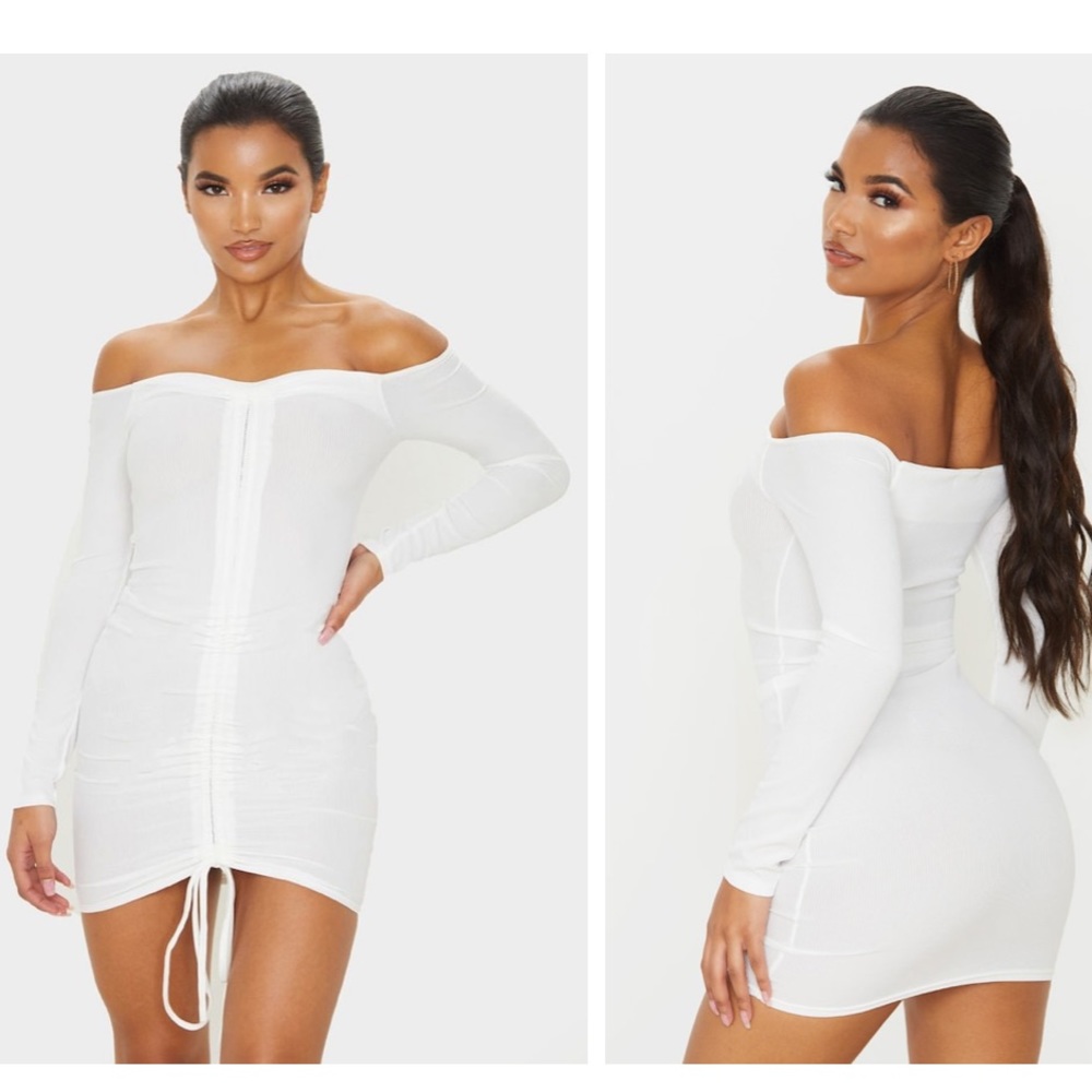🛍 White Ribbed Long Sleeve Ruched Bodycon Dress - Picture 1 of 7